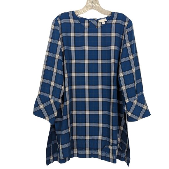J. Jill‎ Atlantic Plaid Tunic Top High Low blue white gray 3/4" sleeves size M - Picture 1 of 13